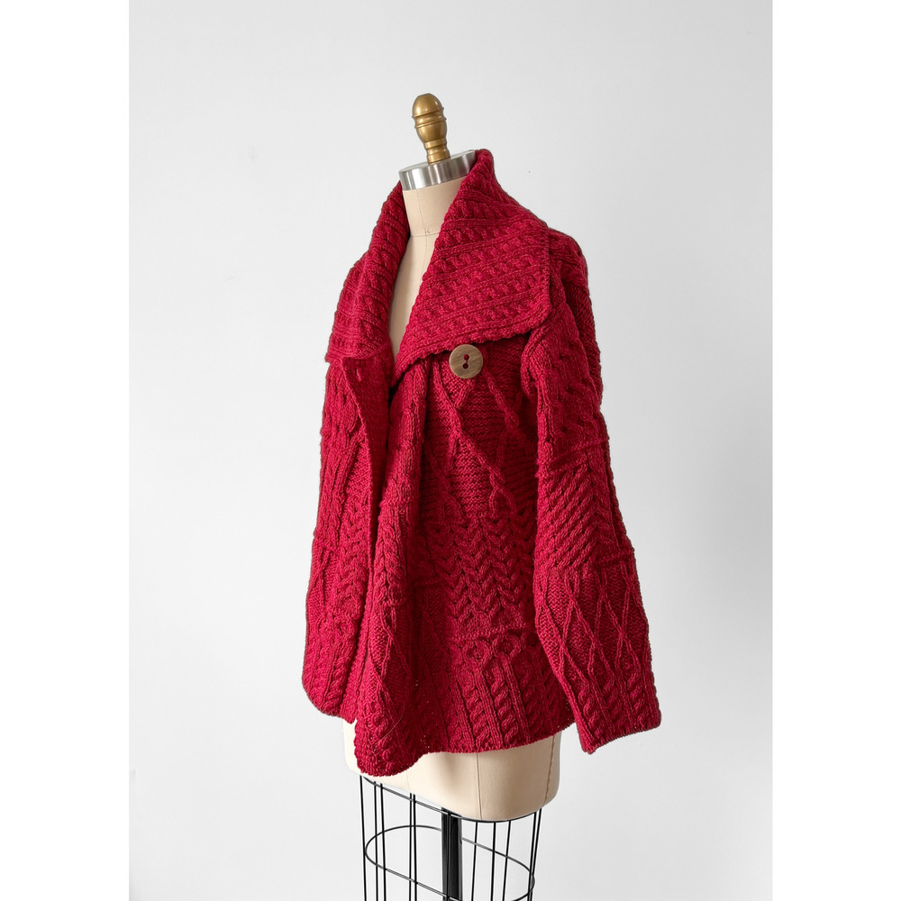 Aran Carraig Donn Irish Cranberry Red 100% Merino Wool Button Knit Sweater - Picture 5 of 11